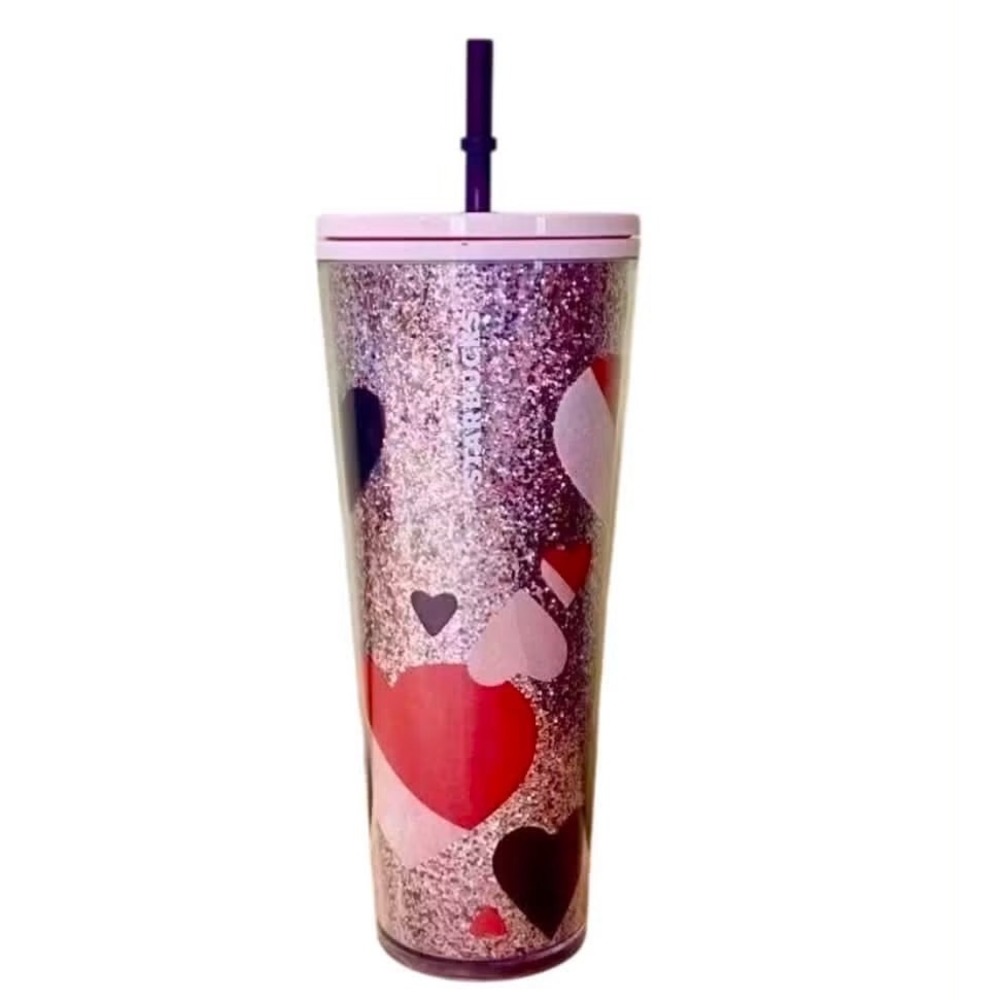 Starbucks Valentines Day Pink‎ Glitter Hearts Cold Cup Tumbler 24oz With Straw